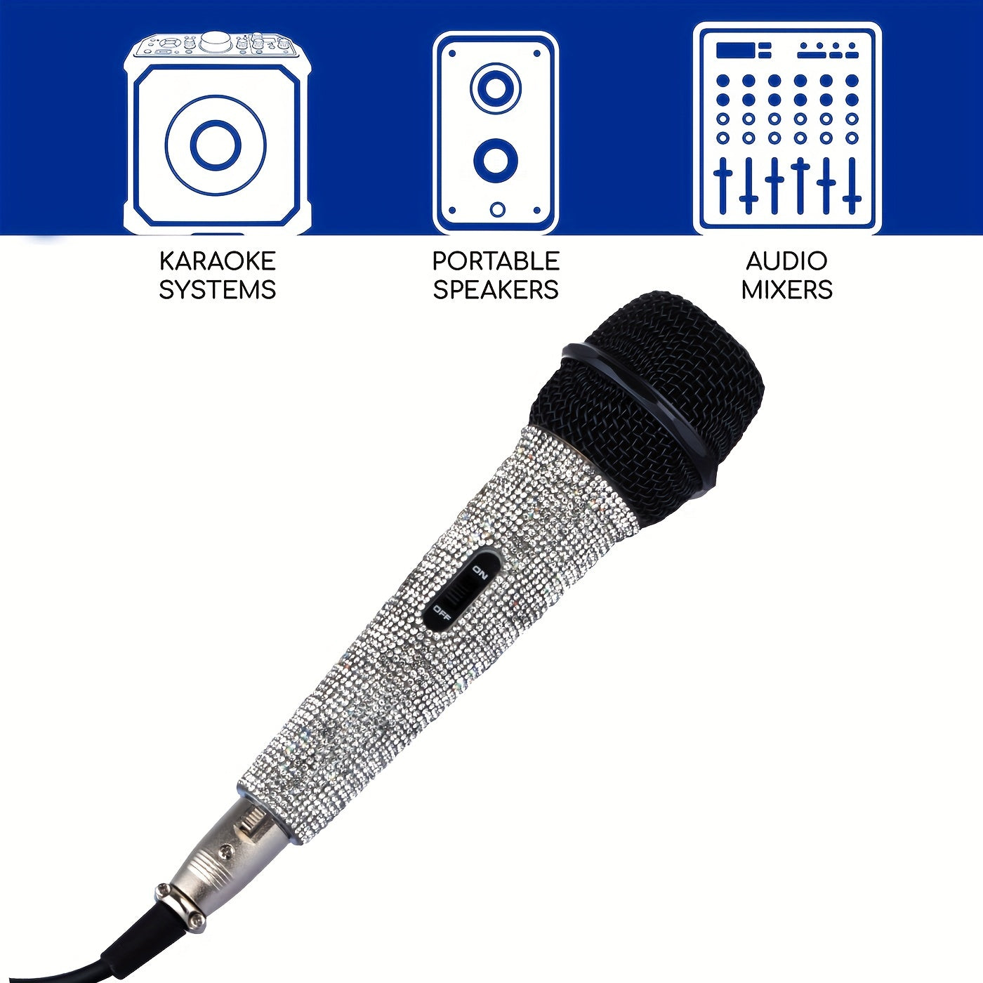 Metal Handheld Microphone with Rhinestones for Singing 6.35mm Jack Cable Included