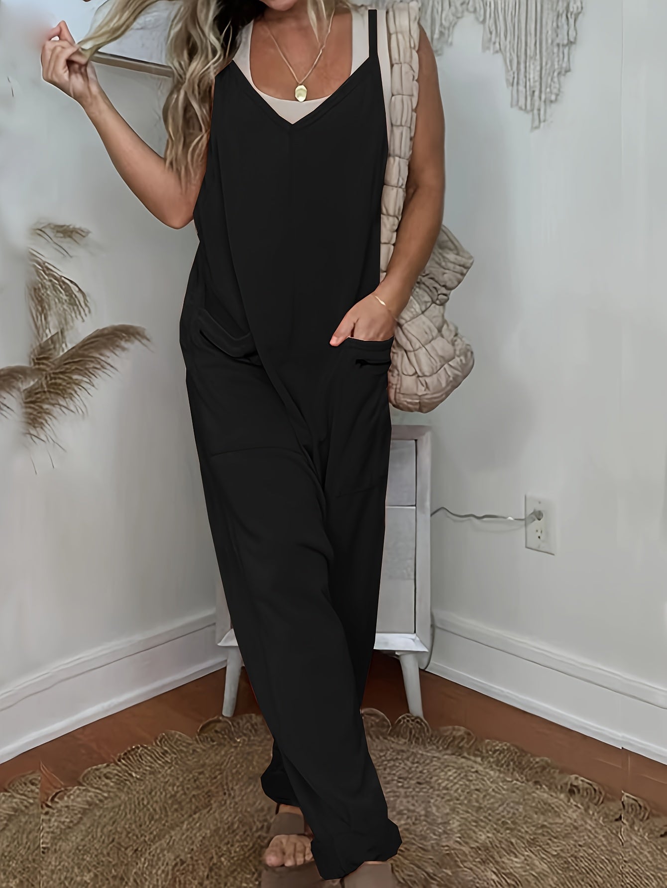 Plus Size Women's Orange Jumpsuit Casual Sleeveless V-Neck Comfortable