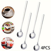 Set of 4 Silver Stainless Steel Coffee Spoons with Long Handles