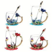11.8oz Glass Tea Cup Set with Coaster and Spoon Elegant Flower Pattern for Coffee Water