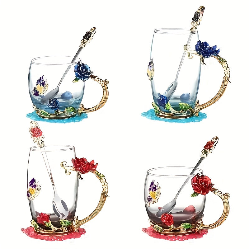11.8oz Glass Tea Cup Set with Coaster and Spoon Elegant Flower Pattern for Coffee Water