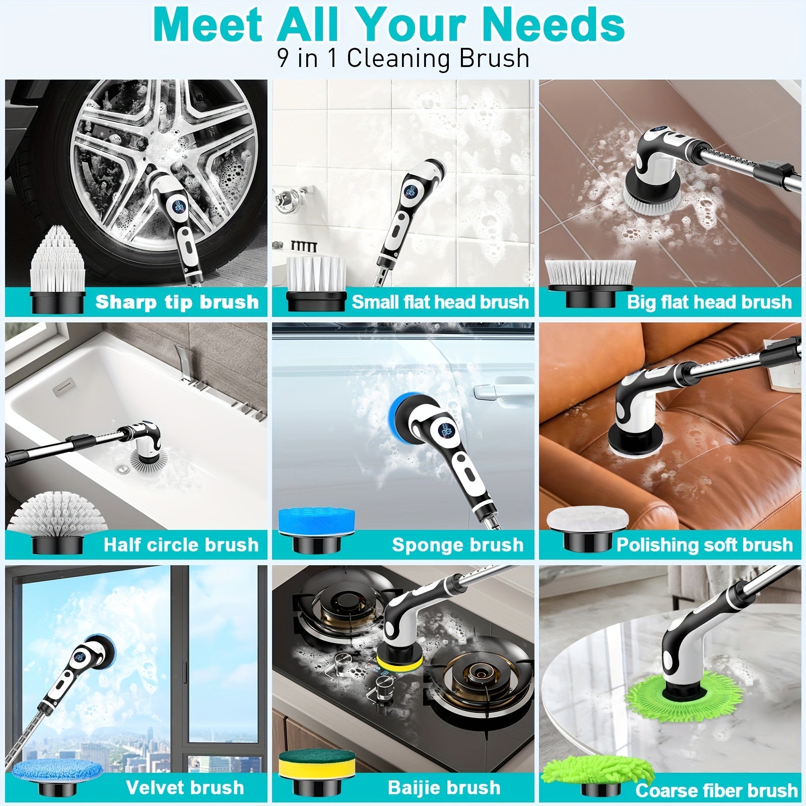 11-Donali simsiz elektr rotatsiyali polni tozalash qurilmasi, sozlanadigan teleskop tutqich bilan, pol, hammom, plitkalar uchun