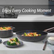 Yuqori sifatli Nonstick Granite Skillet - PFOAsiz, Induksion plitkalariga mos, tuxum va omlet pishirish uchun ideal, idish yuvishda oson tozalanadi, Silikon tutqich bilan jihozlangan - turli o'lchamlarda mavjud (20.32cm/22.1cm/24.13cm/25.4cm/27.94cm)