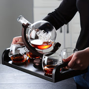 World Globe Whiskey Decanter Set with 2 Glasses Etched Ship Design Gift for Whiskey Lovers