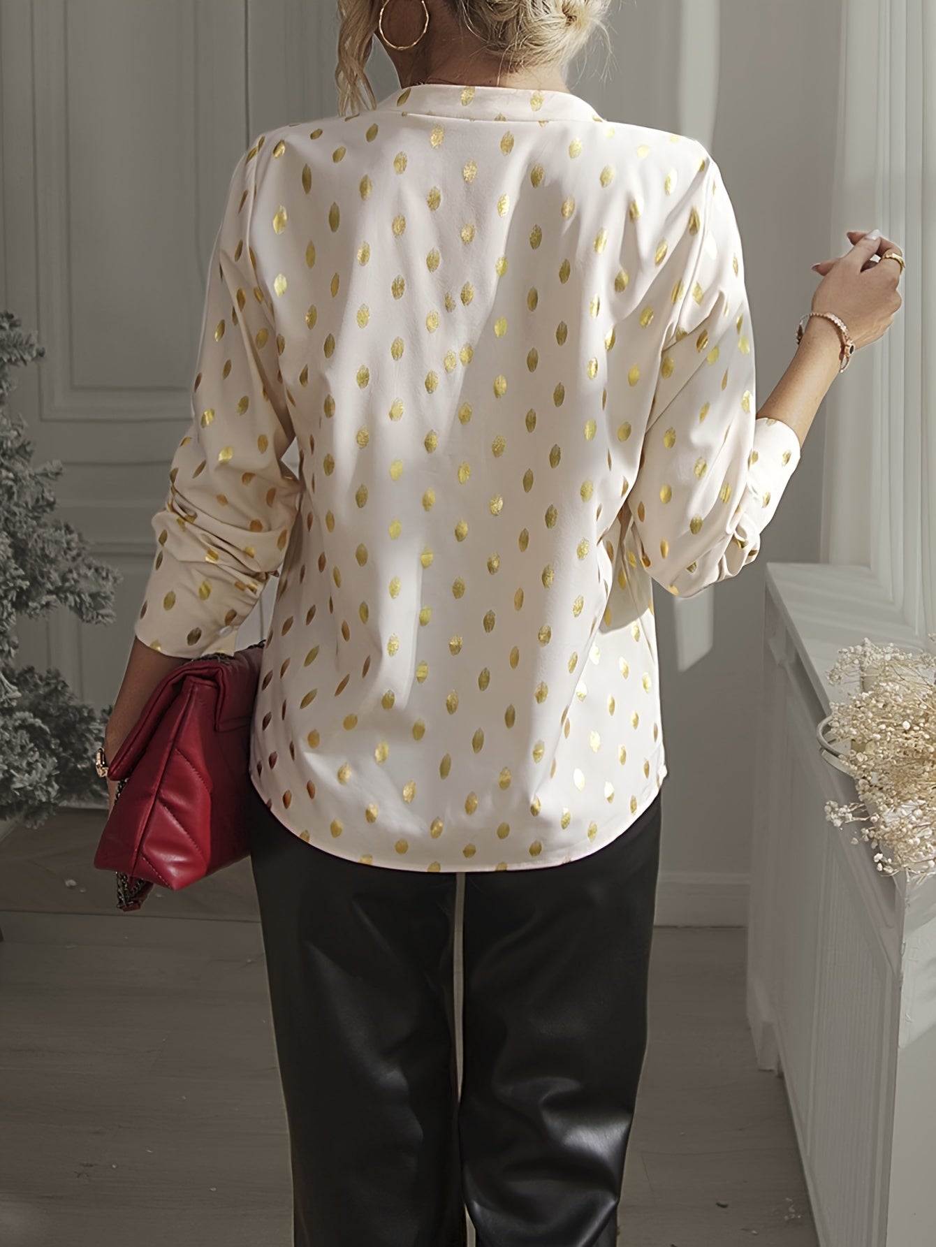 Women's Plus Size Deep V-Neck Long Sleeve Polyester Blouse with Gold Polka Dots