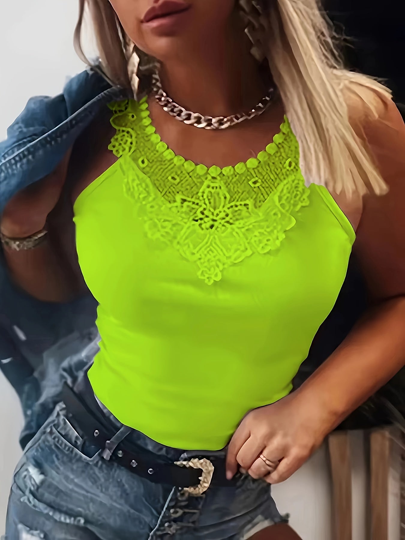 Plus Size Casual Lace Applique Tank Top Crew Neck Sleeveless Vest Polyester Blend