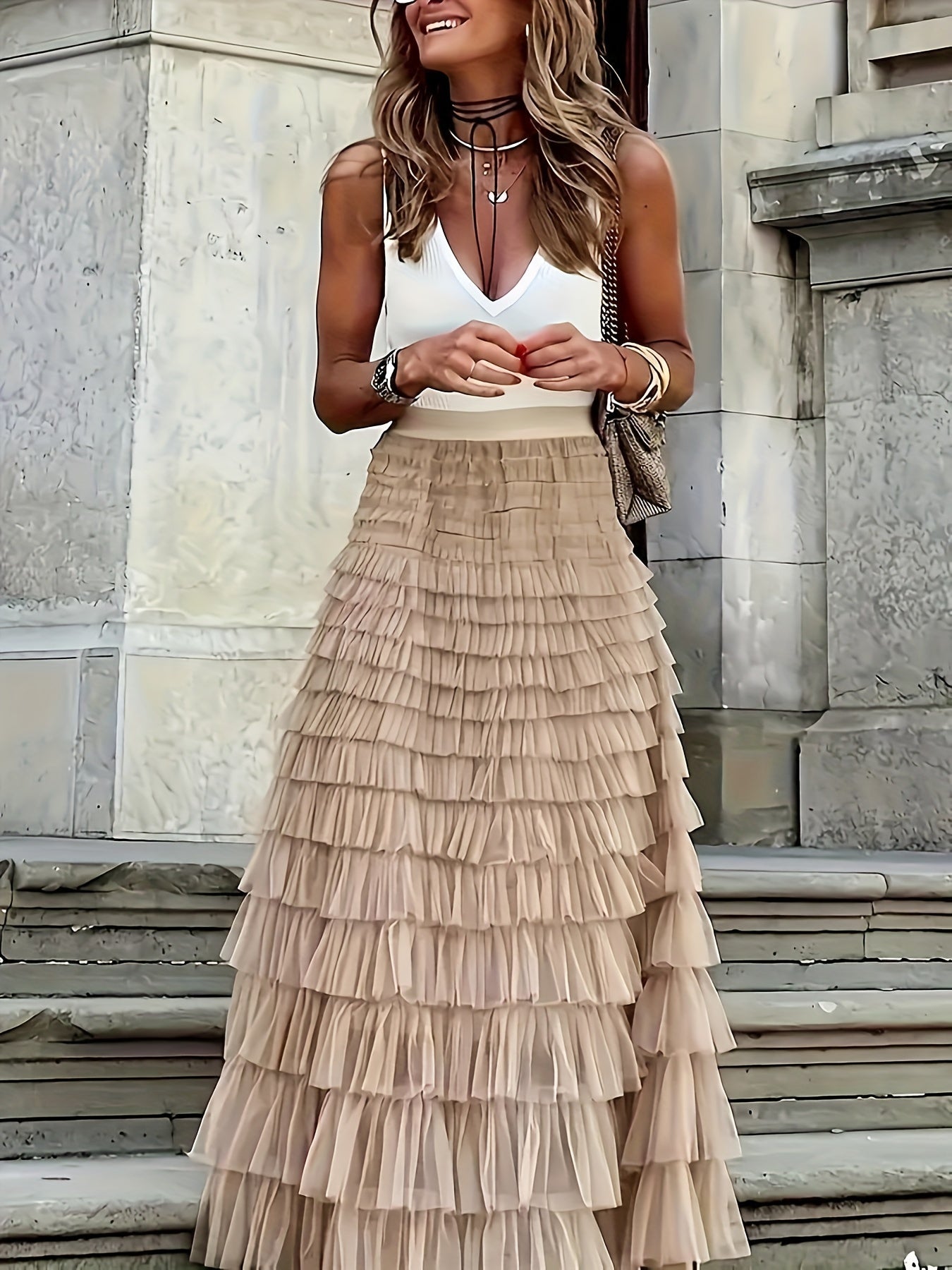 Women's High-Waist Tiered Midi Skirt Polyester Solid Color Plus Size Casual