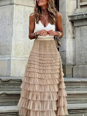 Women's High-Waist Tiered Midi Skirt Polyester Solid Color Plus Size Casual