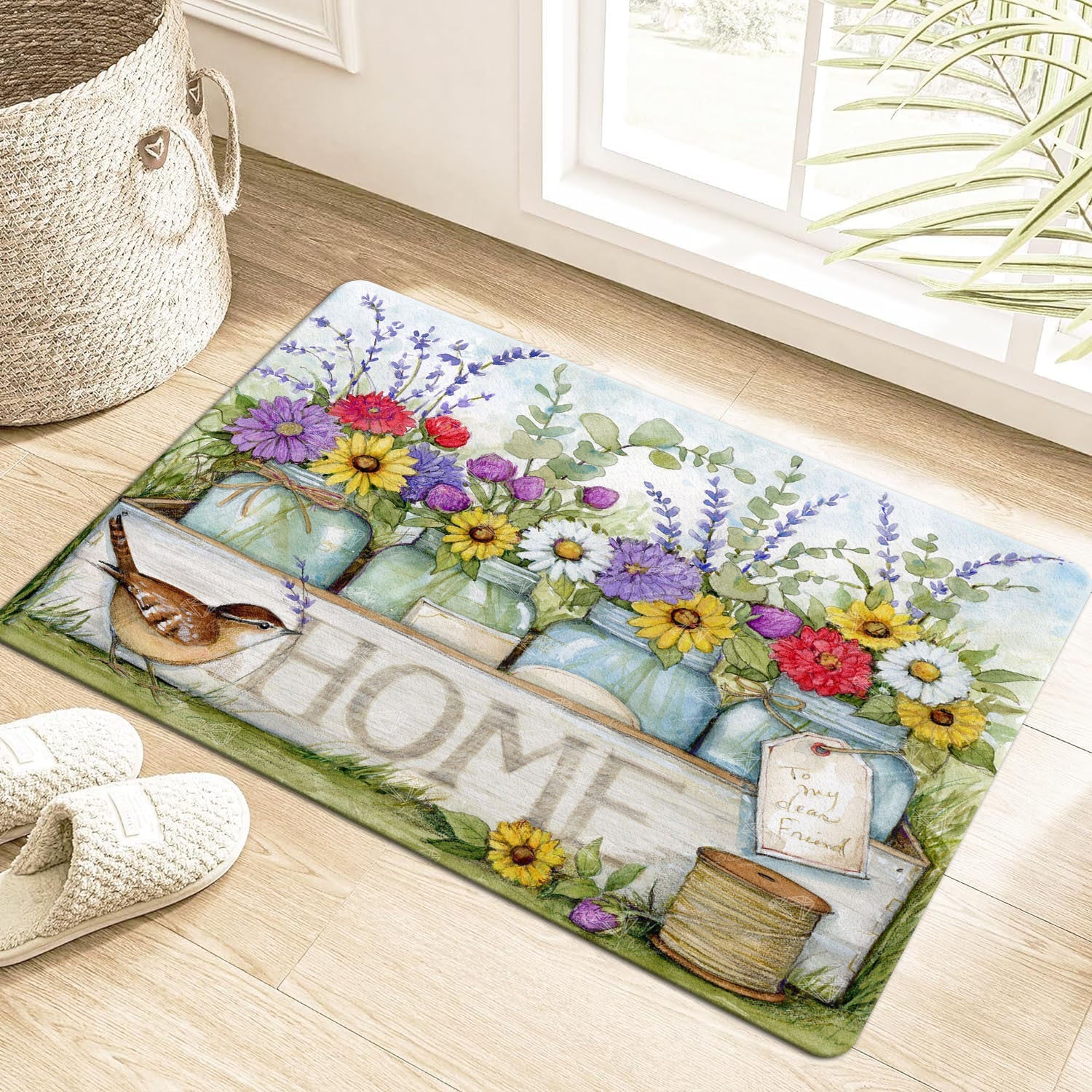 Spring Floral Bird Door Mat, Anti-Fatigue, Machine Washable, Non-Slip, 1.2cm Thick