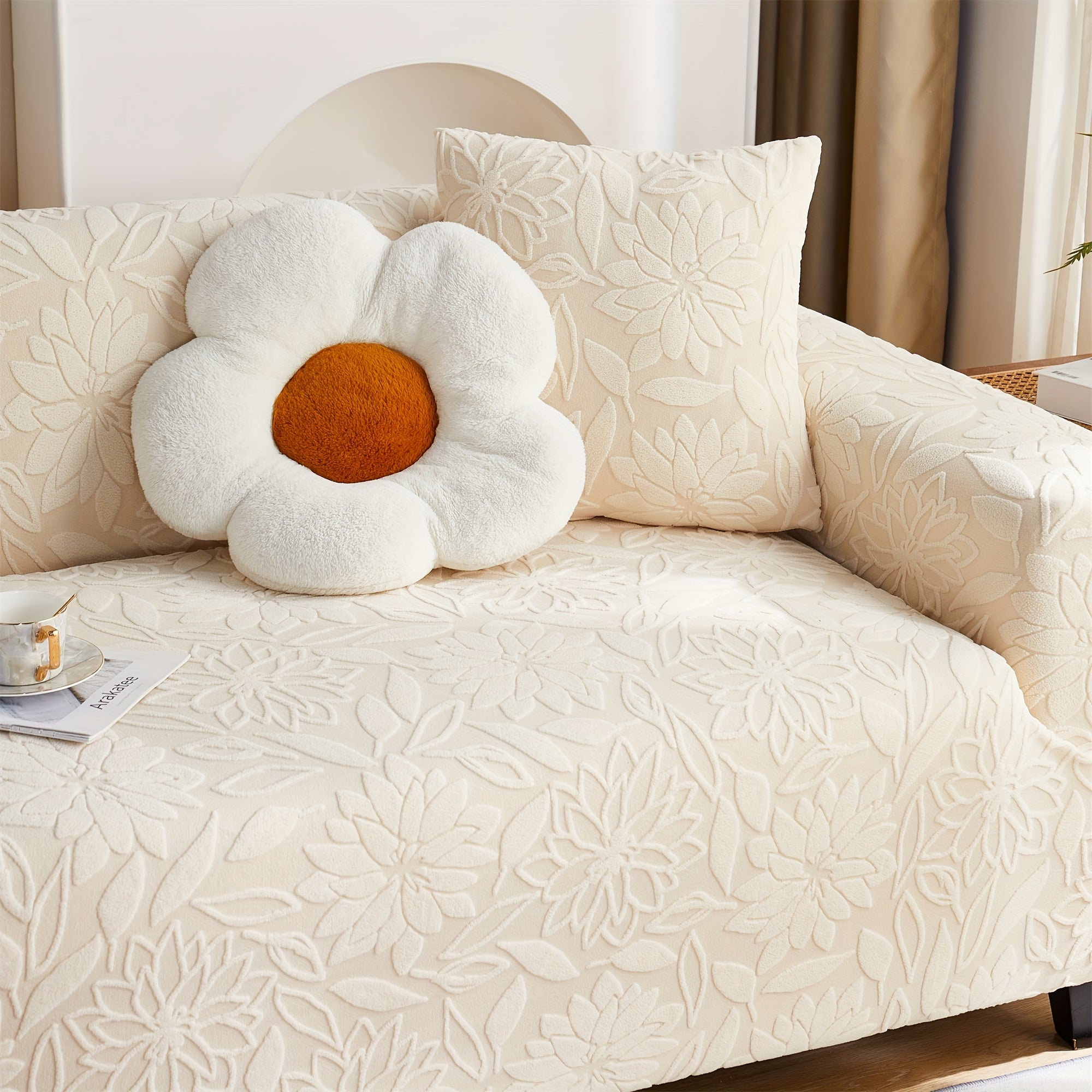 Camellia Jacquard Sofa Cover with Elastic Band and Matching Pillowcase Fits All Sizes Machine Washable