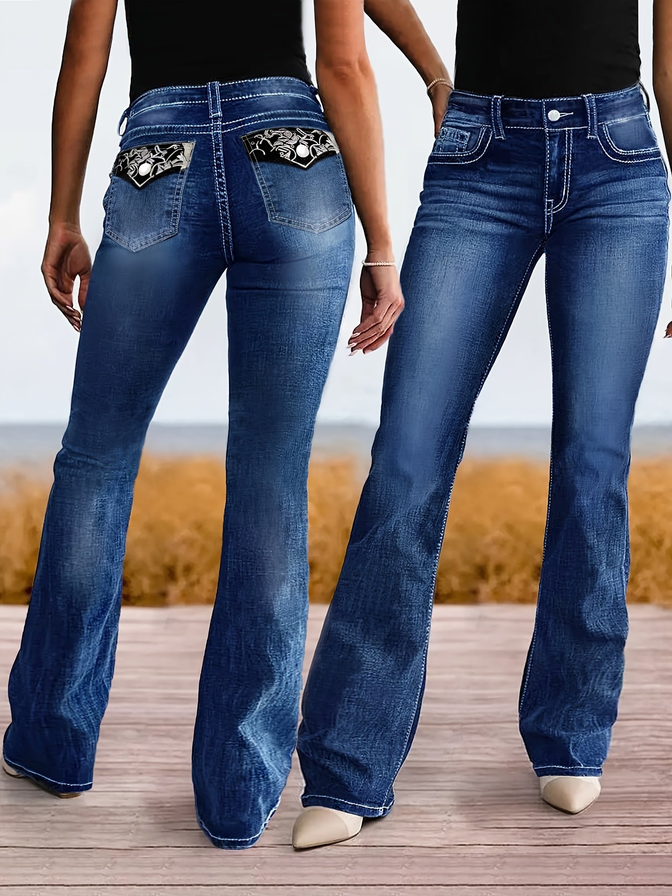 Ayollar uchun yuqori belli kengaytirilgan jinsilar, qora, kattaroq o'lcham, elastik denim