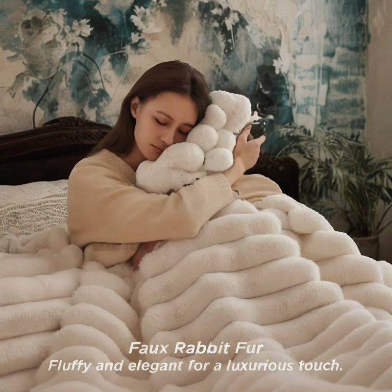 Plaid Rabbit Fur Throw Blanket Polyester Cozy Home Accessory