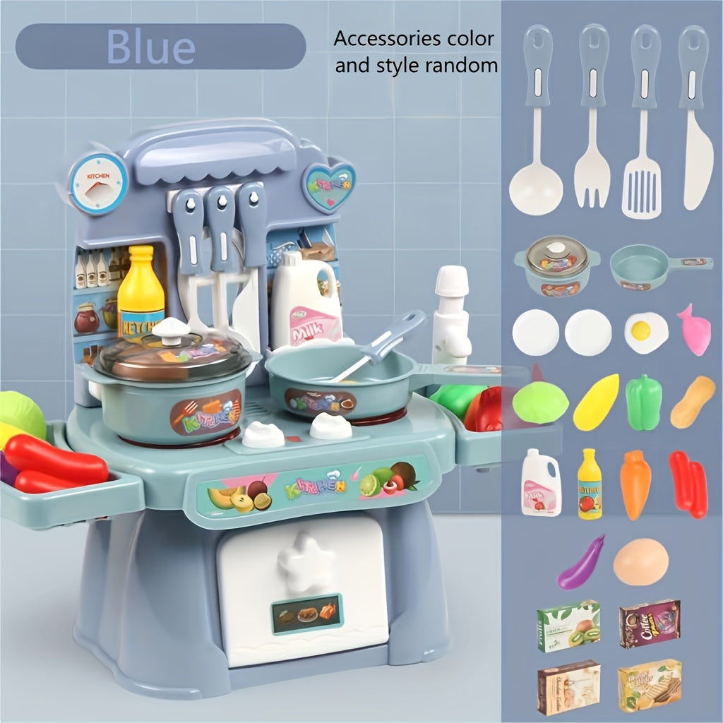 Play Kitchen Set for Kids 3+ Pink Blue Lights Sounds Stove Sink Faux Food