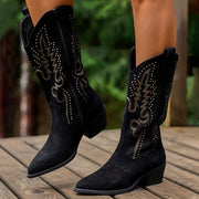 Women's Cowboy Boots Black Embroidered Ankle Zipper Pointed Toe Chunky Heel