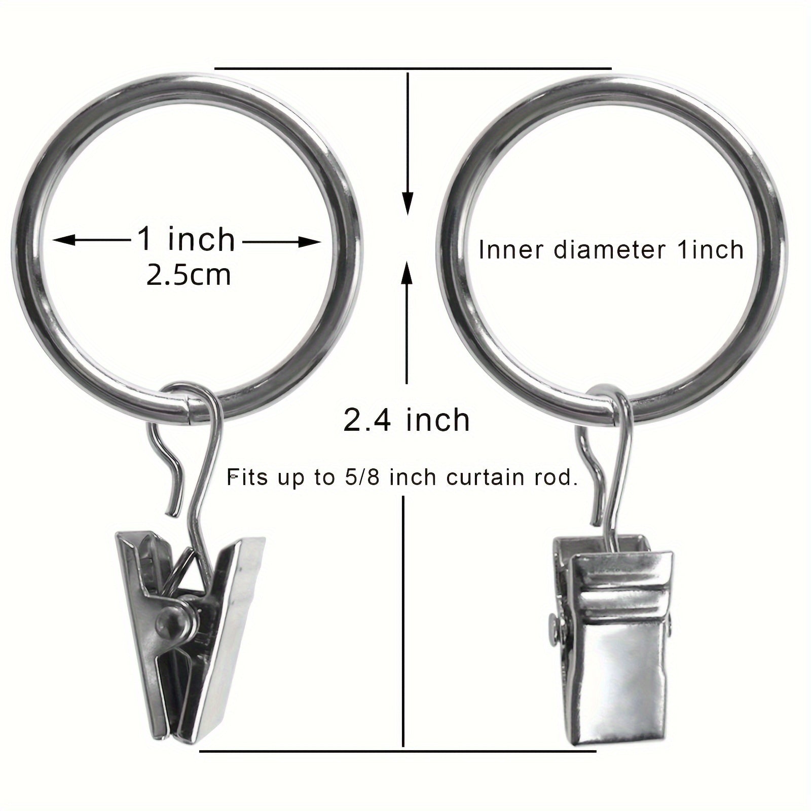 Set of 12 Stainless Steel Curtain Rings with Clips, Rust-Resistant, Modern Drapery Hardware