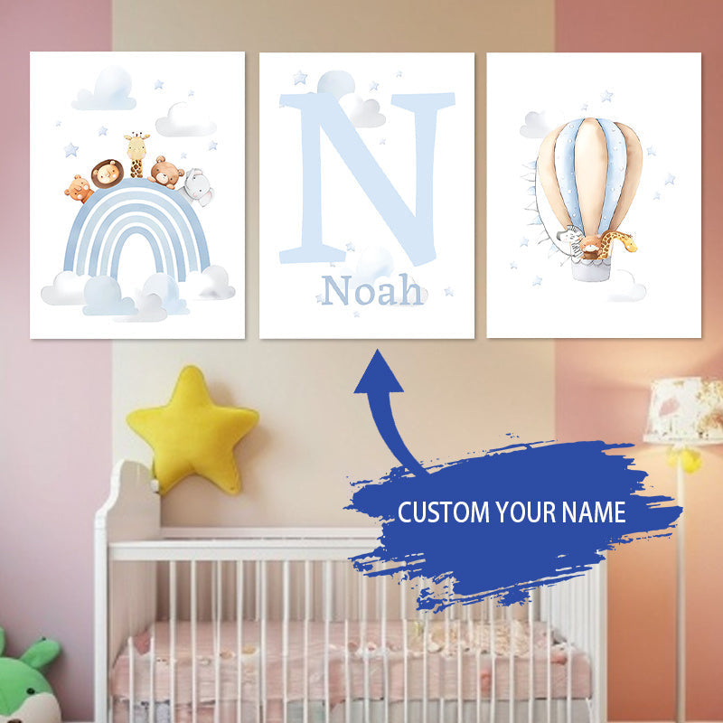 3-Piece Initial Wall Art Set with Hot Air Balloon and Rainbow Canvas Prints for Nursery Kids Room Bedroom