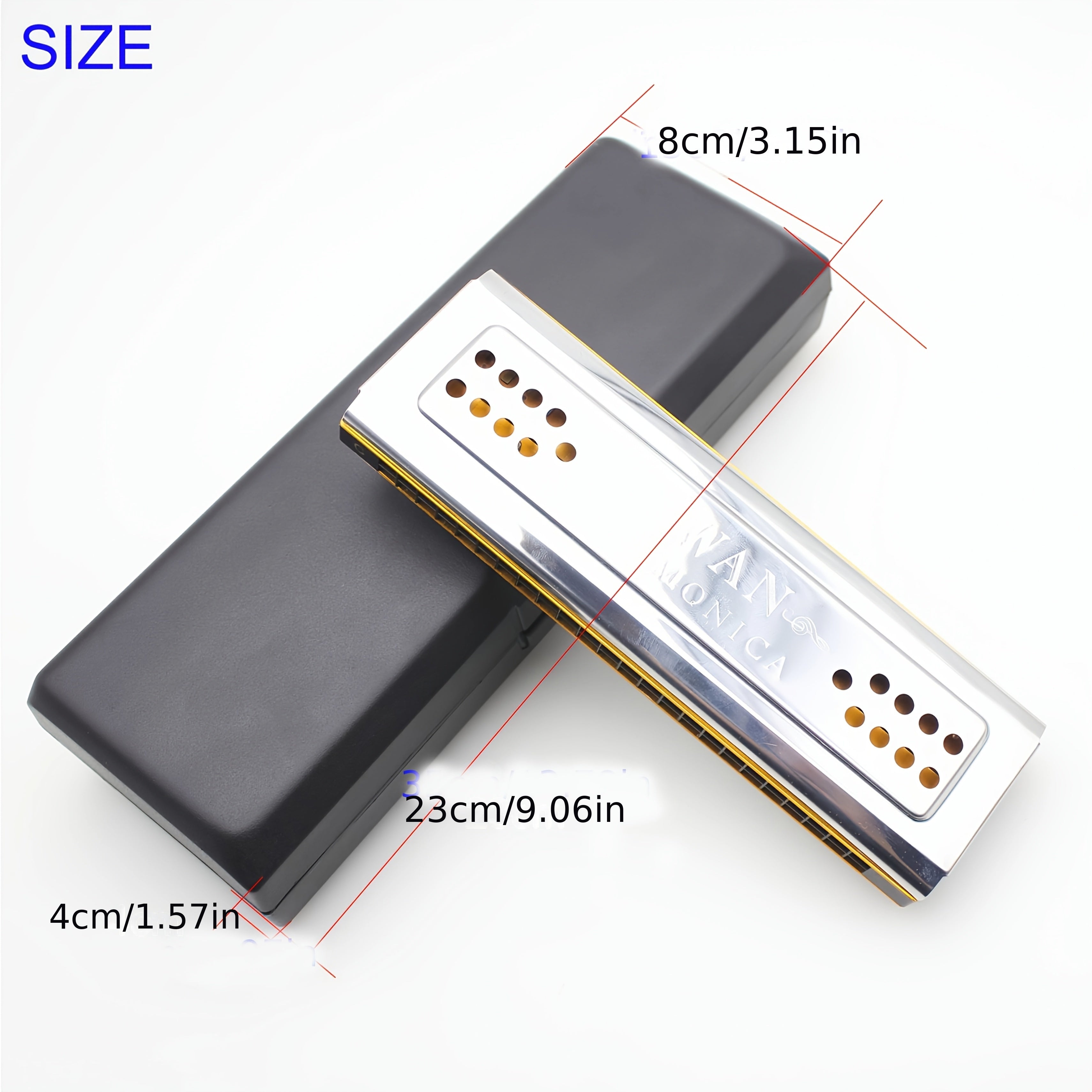 24 teshikli polifonik harmonika C va G kalitli metall silliq kumush kulrang, qutisi va tozalash mato bilan