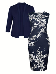 Plus Size Polyester Blazer Dress Set with Elastane High Stretch Elegant Style