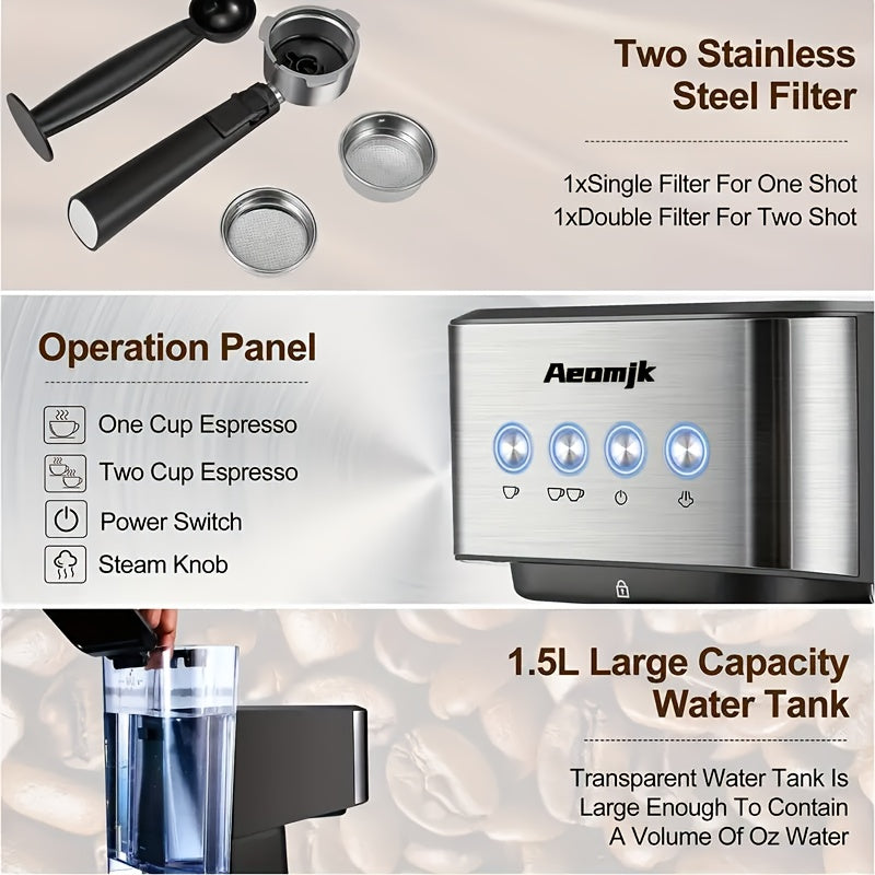 Semi-Automatic Espresso Machine with Steam Milk Foam 20 Bar Pump 1.5L