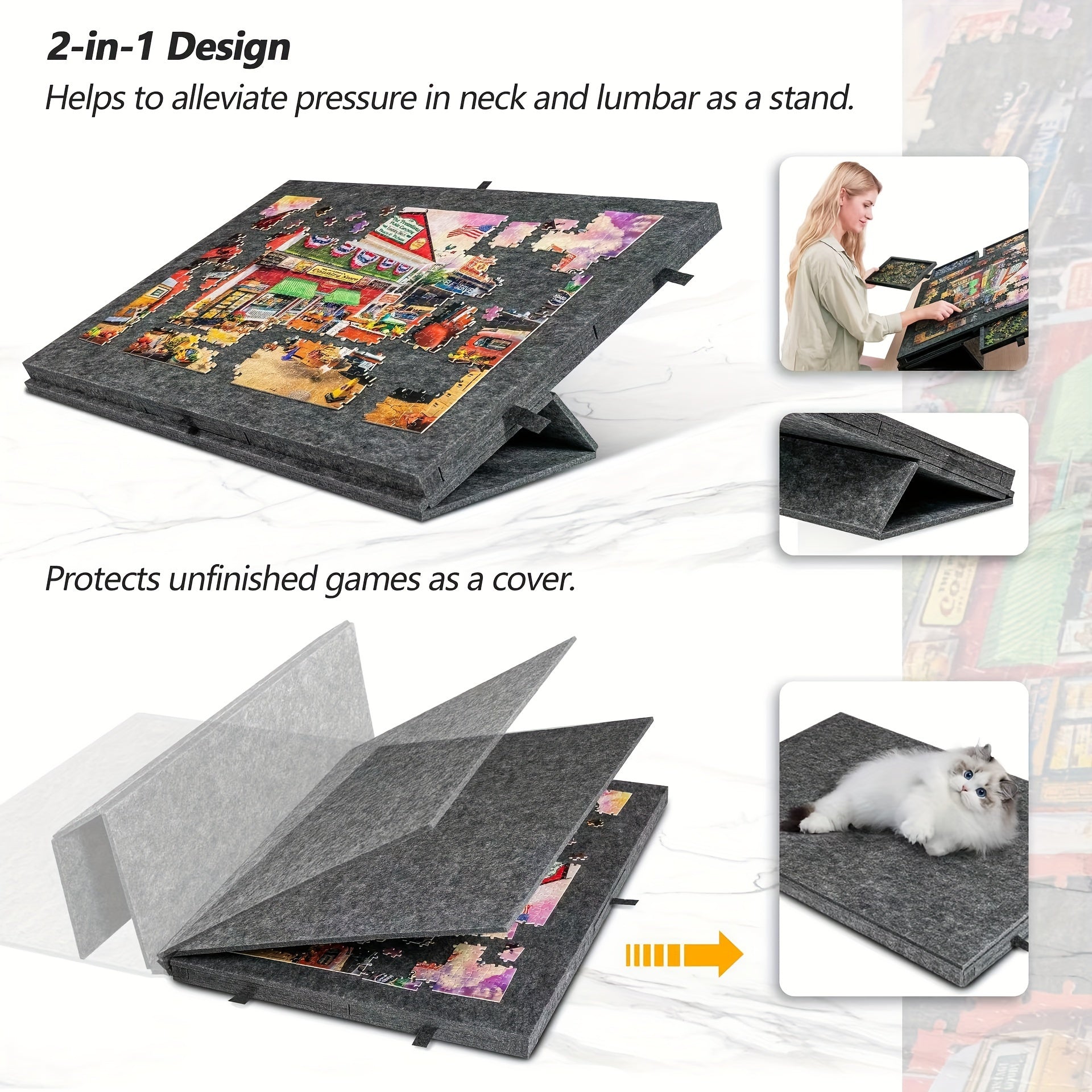 Children's Puzzle Table with 6 Drawers Portable Felt Sorting Board Dark Grey Light Grey