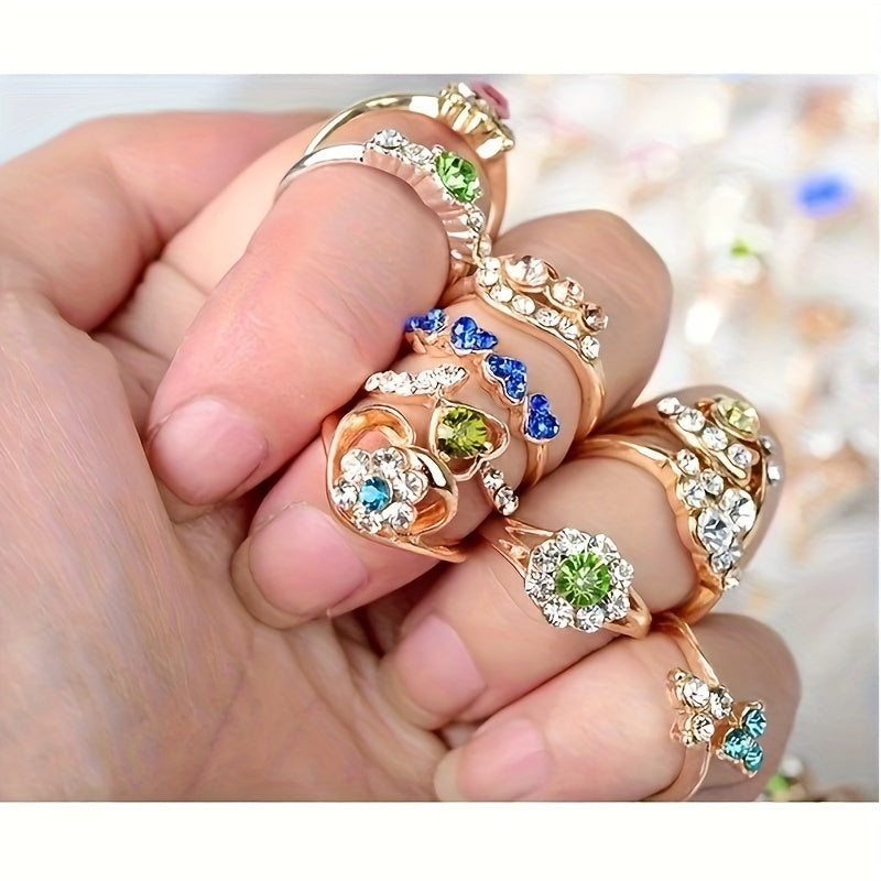 Set of 10 Vintage Stainless Steel Rings with Austrian Crystal Rhinestones Jewelry