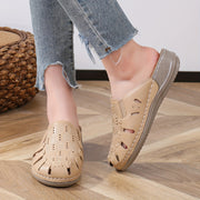 Women's Embroidered PU Slide Sandals Beige Wedge Casual Breathable