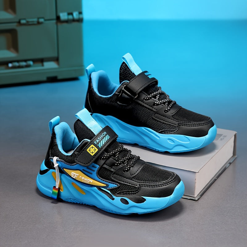 Boys' Breathable Running Sneakers with Geometric Pattern, Soft EVA Sole, Hook-and-Loop Closure