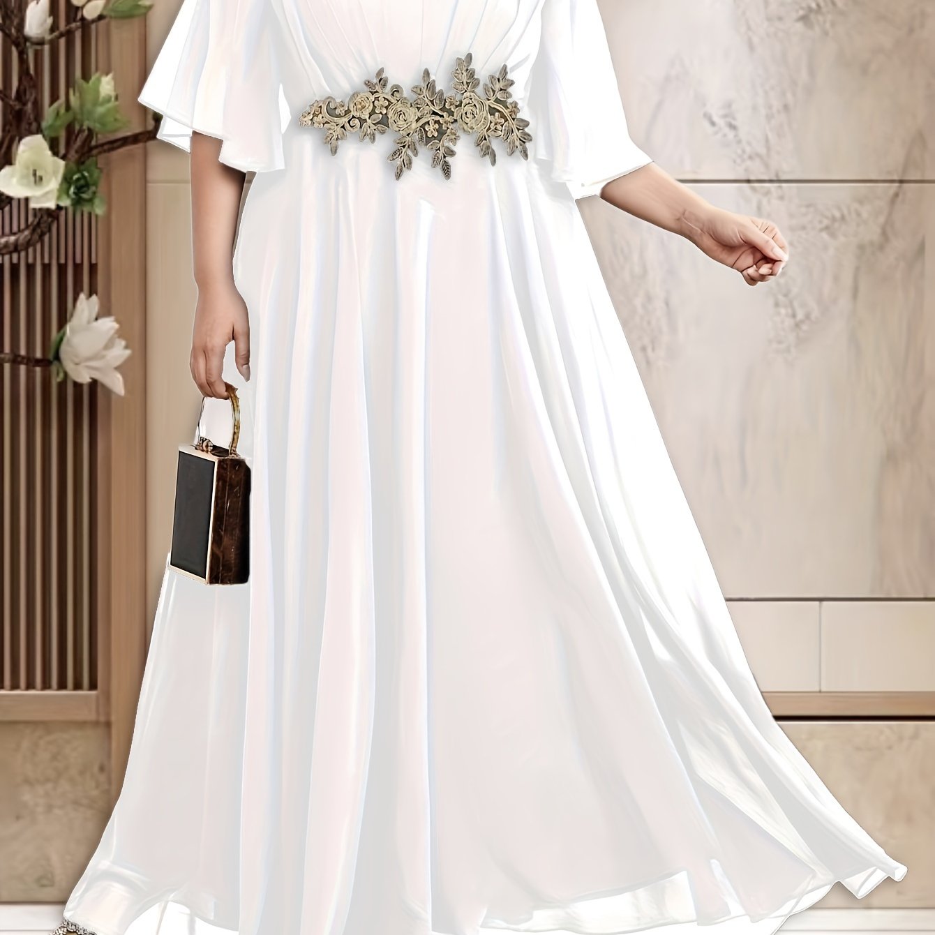 Платье для подружек невесты большого размера с цветочным рукавом и V-образным вырезом, короткий рукав, свадебное