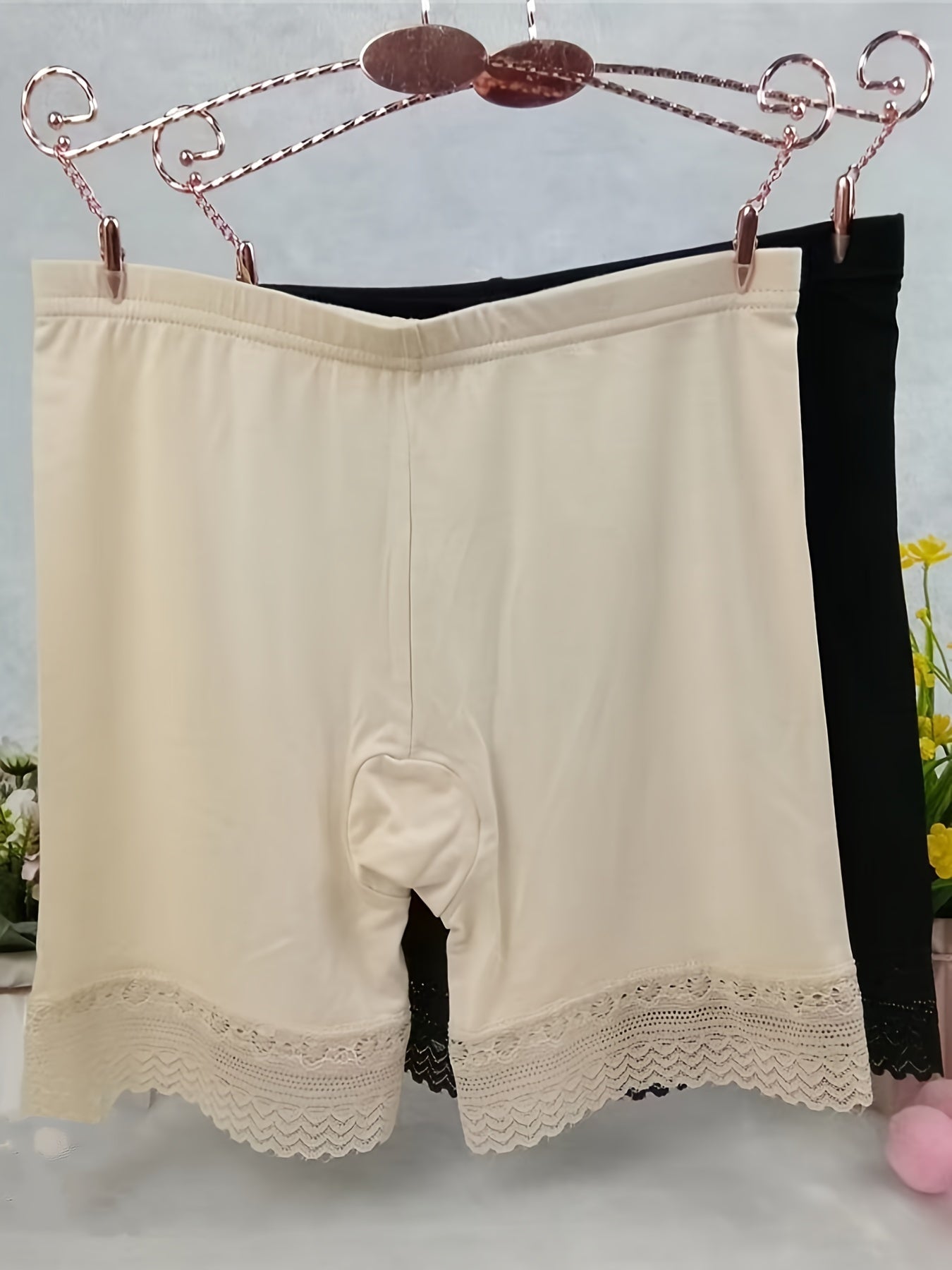 Beige Lace Boyshort Panties Seamless Stretchy Breathable Modal Spandex