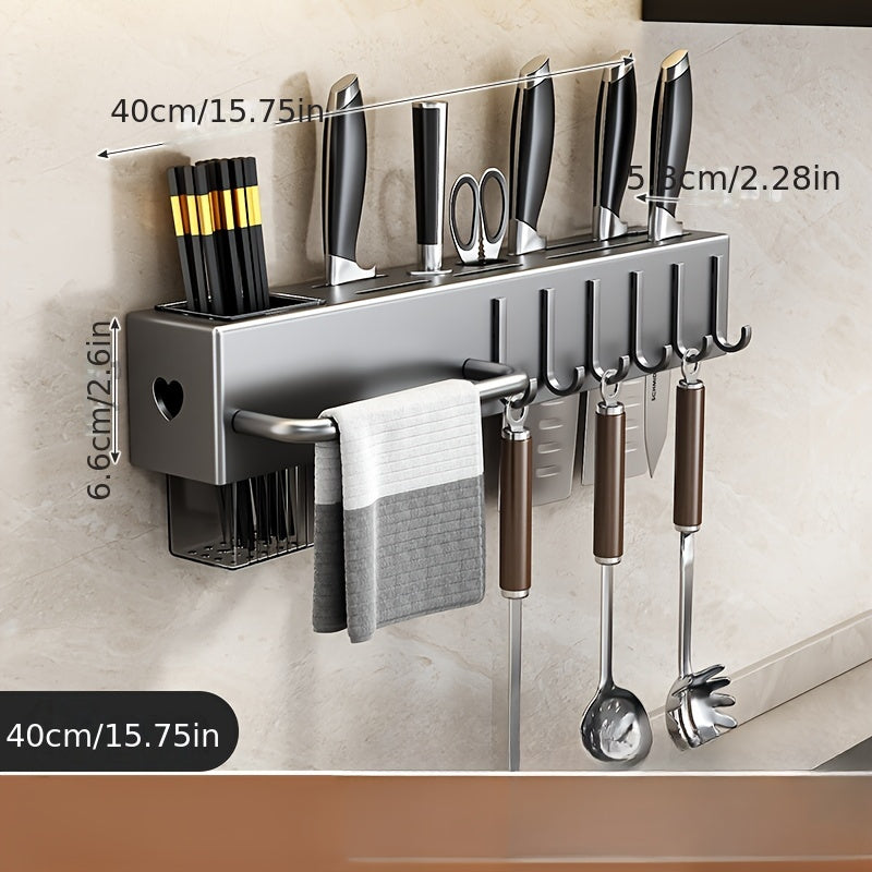 Wall-Mounted Kitchen Utensil Holder with Hooks, Metal and Plastic Storage Rack