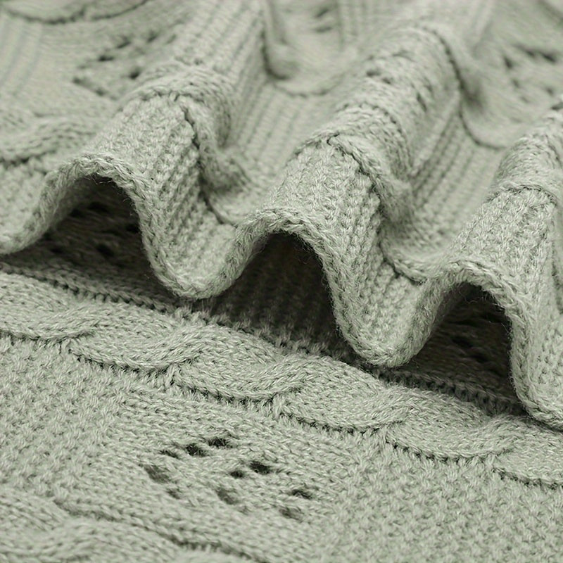 Solid Color Throw Blanket for Spring and Summer Knit Cable Hollow-Out Design Light Green Khaki White
