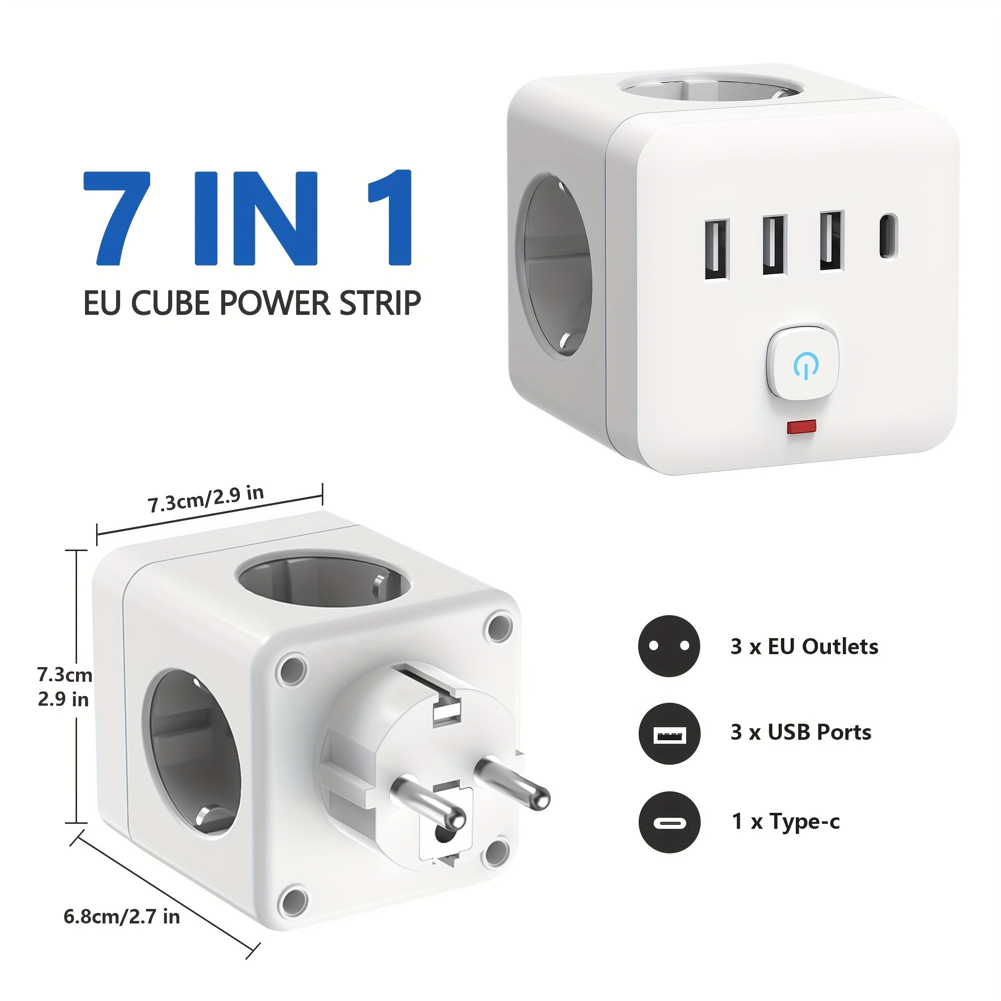 EU Power Strip with 7-in-1 Surge Protector 3 AC Outlets 3 USB Type-C for Home Office Travel