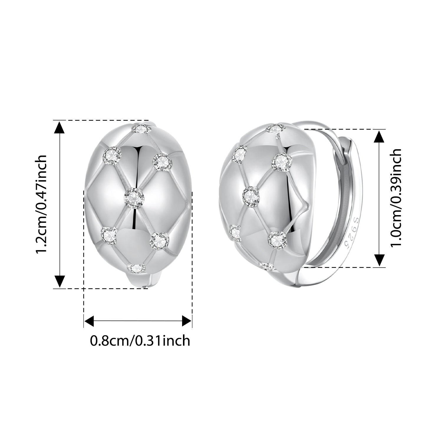 Women's Hoop Earrings Sterling Silver Cubic Zirconia Minimalist Rhombus Pattern Lightweight for Festivals and Celebrations