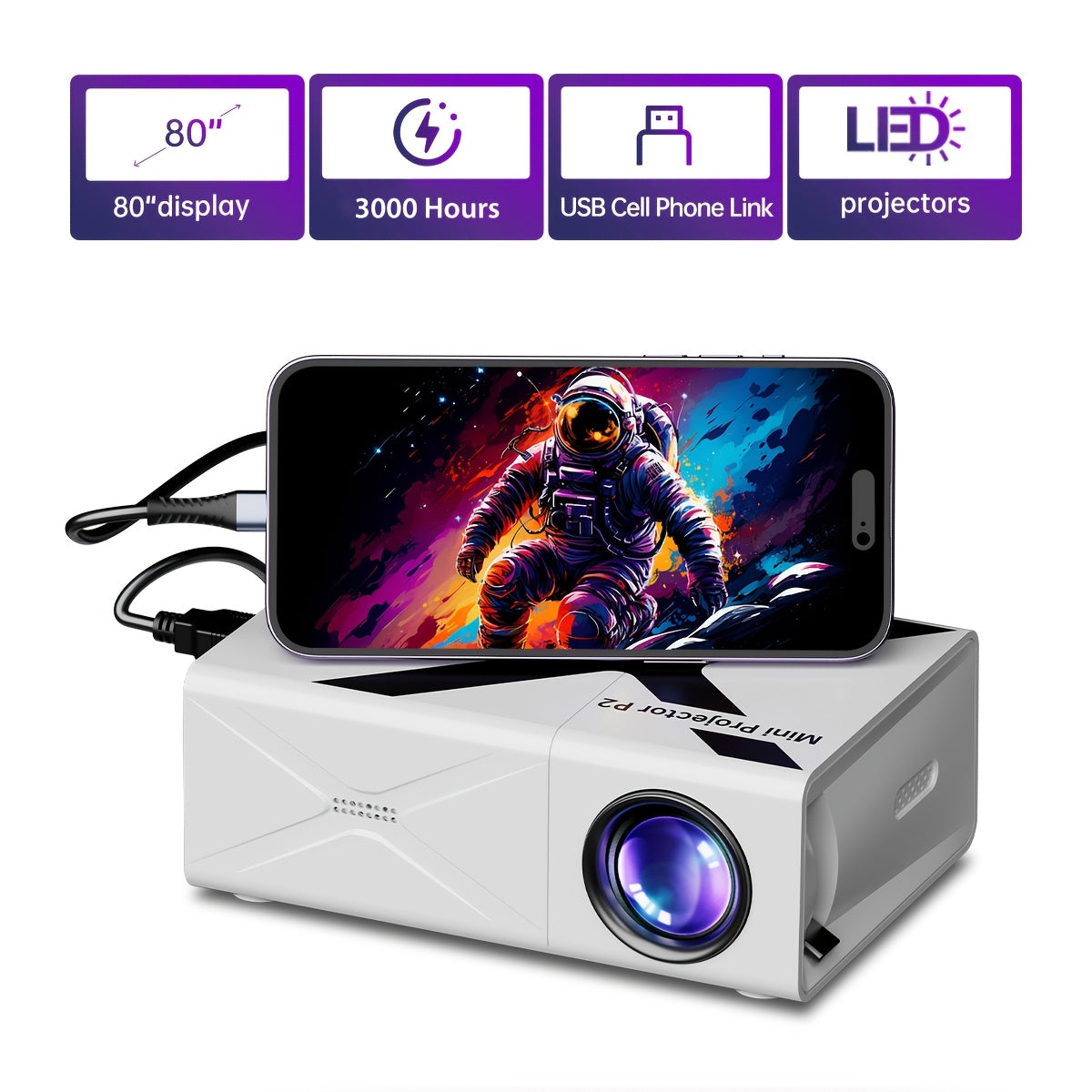 Mini portativ proyektor stereo ovoz, LED chiroq va HDMI bilan