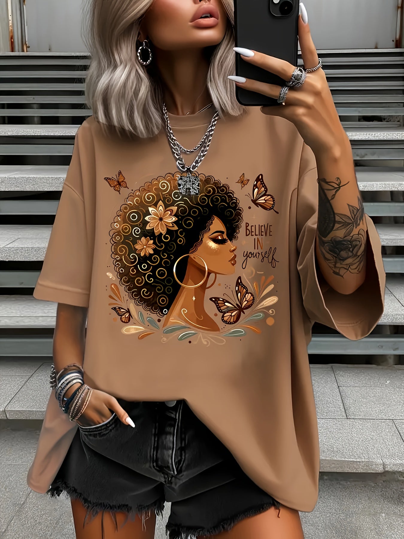 Plus Size Women's Casual Cotton Short Sleeve T-Shirt with Butterfly Print