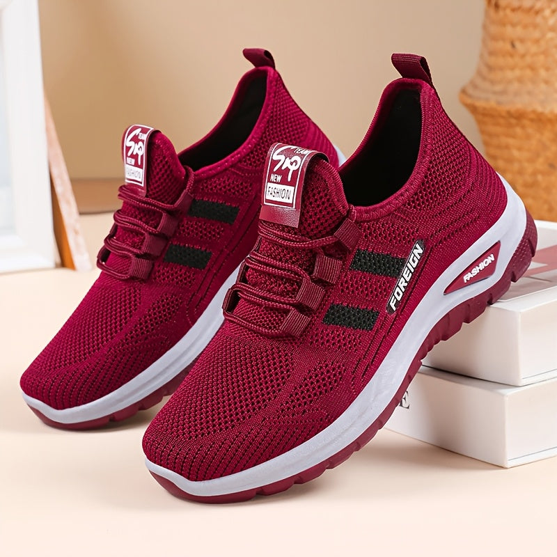 Women's Breathable Knitted Sports Shoes Black Red Stripes All Seasons