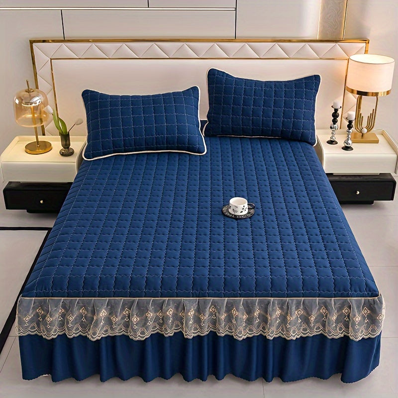 Luxury Bedding Set with Quilted Edge Bed Skirt Pillowcases Mattress Protector and Duvet Cover