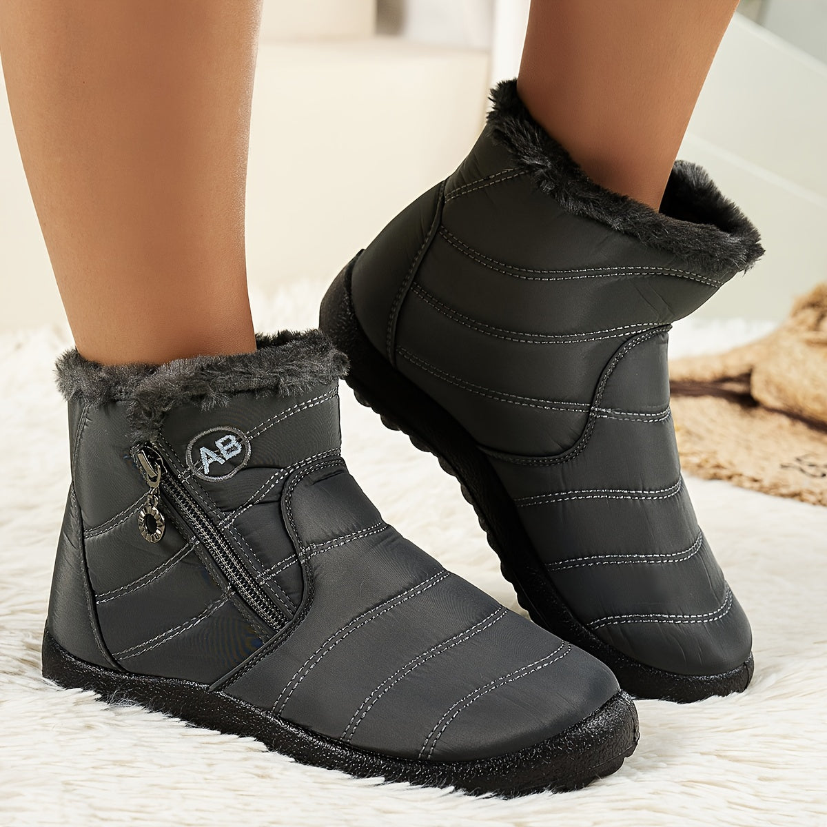 Women's Winter Ankle Boots Fleece Lined Zipper Closure Burgundy Fabric