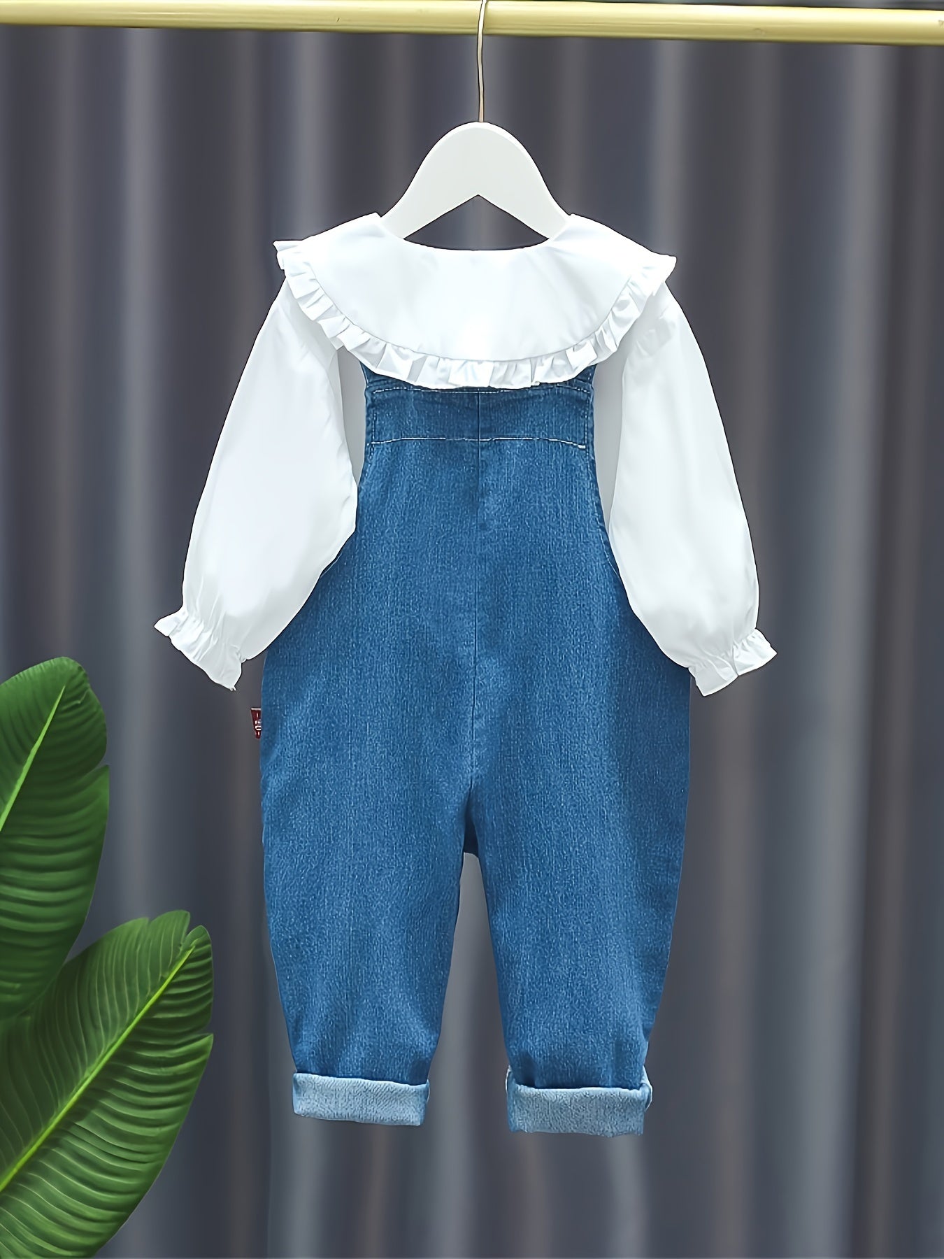 Baby Girl Denim Overalls with Rabbit Embroidery and Ruffled Blouse for Spring and Fall Outdoor Wear