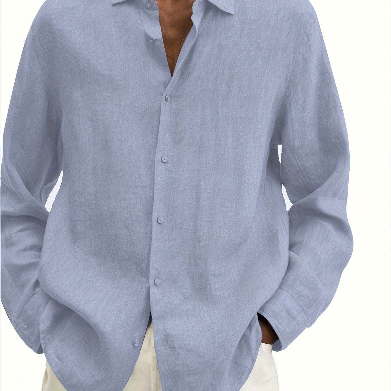 Camisa de manga larga de poliéster sólida de botones y cuello en V para hombre de tallas grandes