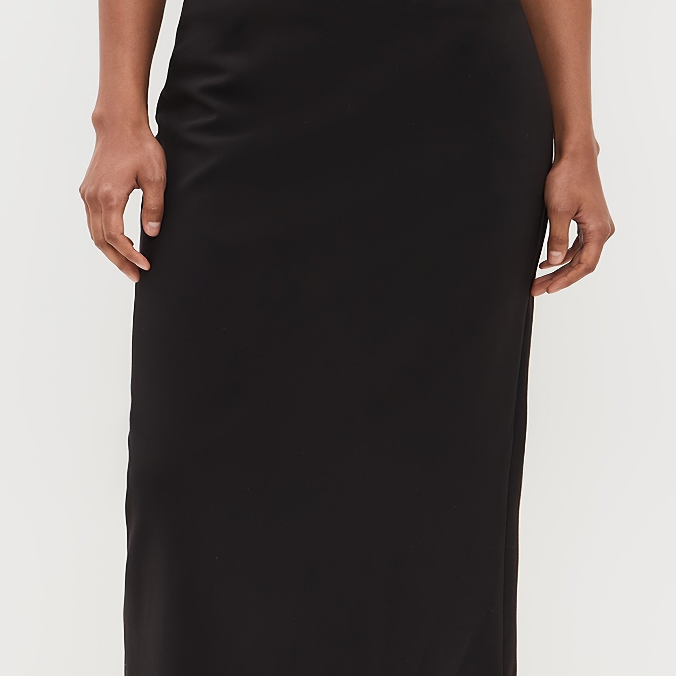 Plus Size Black Stretchy Pencil Skirt Solid Color Workwear with Side Slit