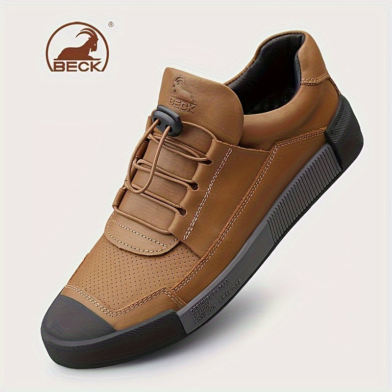 Men's Leather Sneakers with Striped Lace-Up Design, Rubber Sole, Breathable Fabric Inner