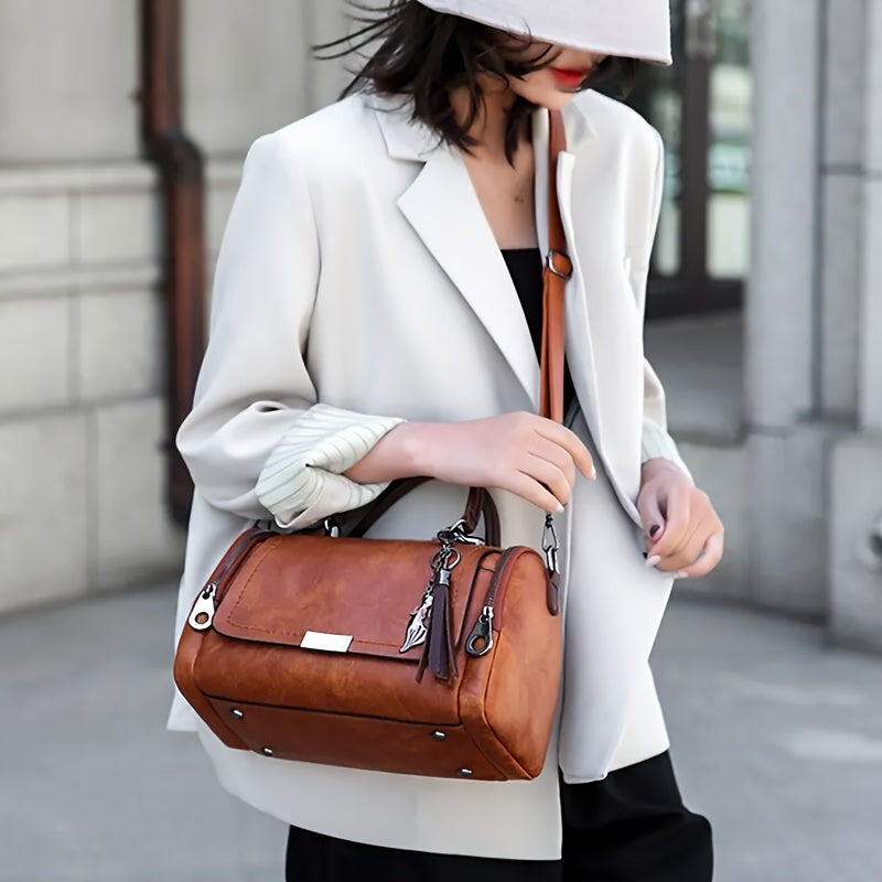 Vintage Women's Large Capacity PU Zipper Crossbody Bag with Detachable Strap