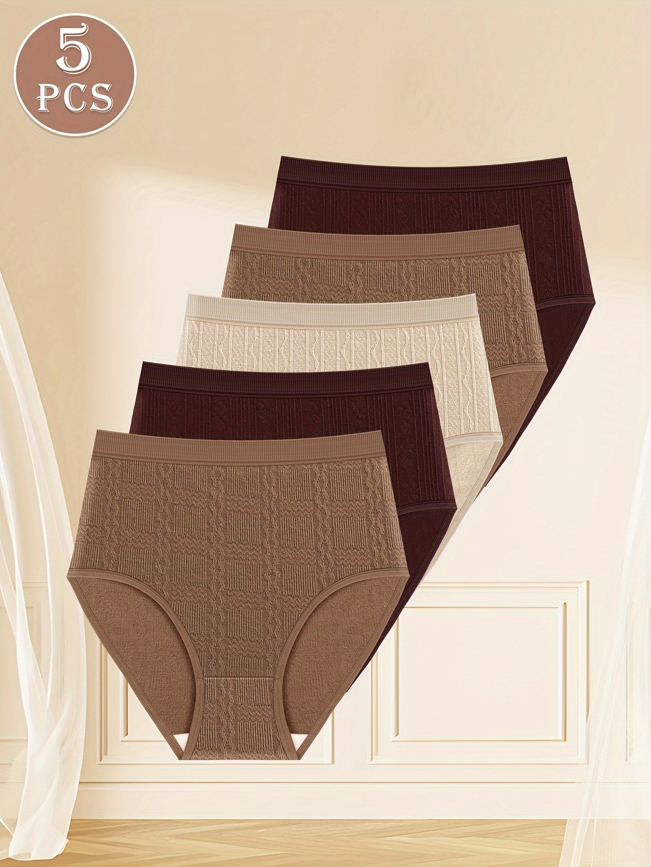 5-dona plus o'lchamdagi o'rta balandlikdagi ichki kiyimlar, qulay va zamonaviy, jakard dizayni bilan