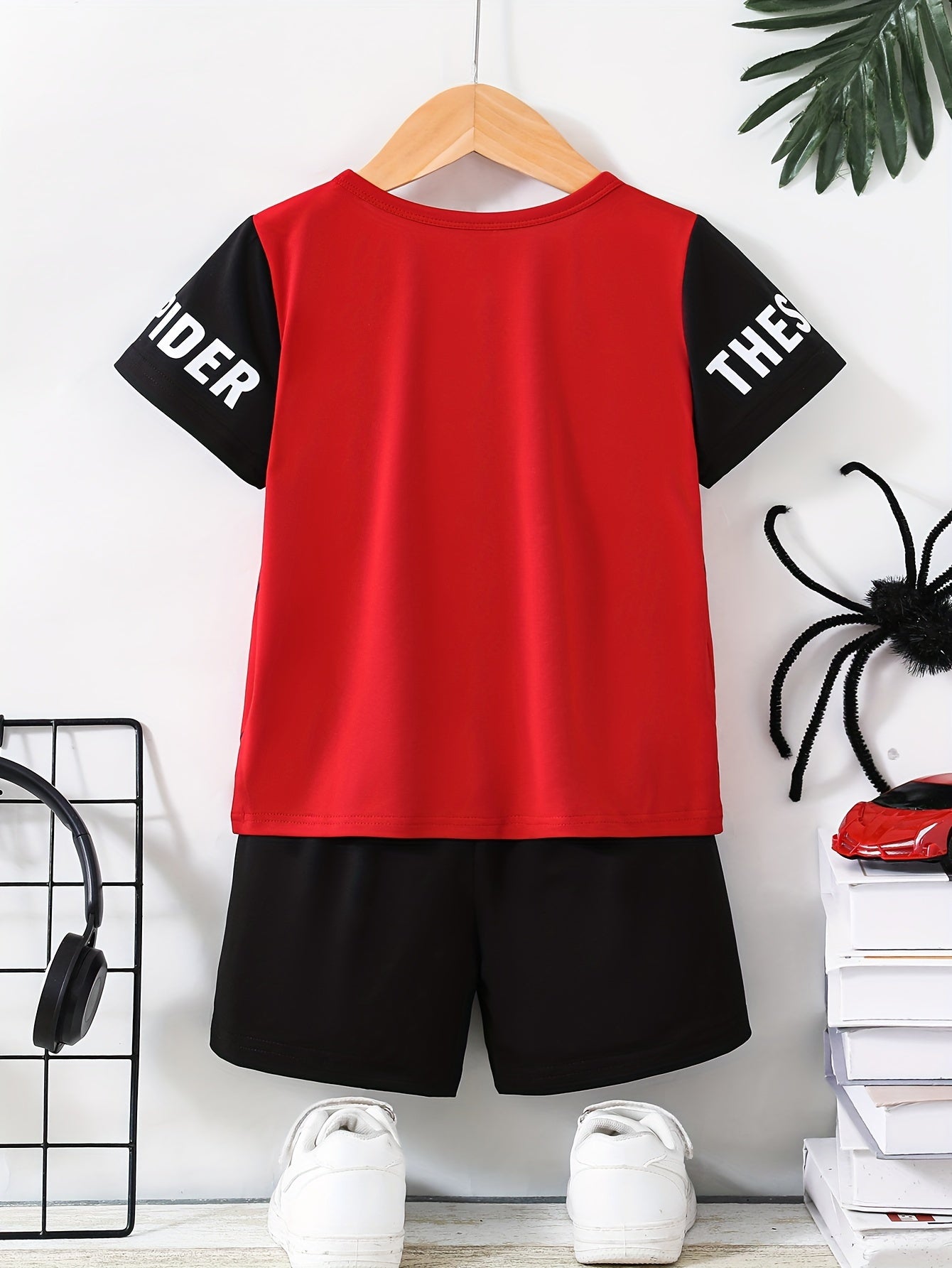 Kids Boys Short Sleeve Set with Spider Pattern Summer Casual Knit Fabric