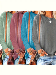 Women's Solid Color Round Neck Long Sleeve Casual Tops for Spring and Autumn