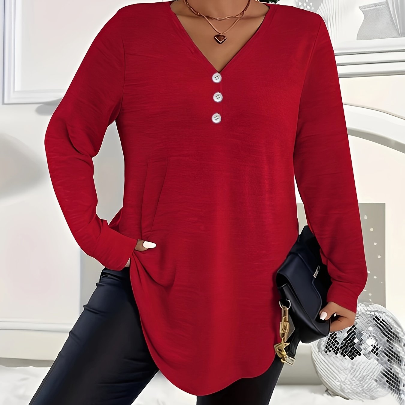 Women's Plus Size V-Neck Long Sleeve Top Polyester Knit Solid Color Fall Winter