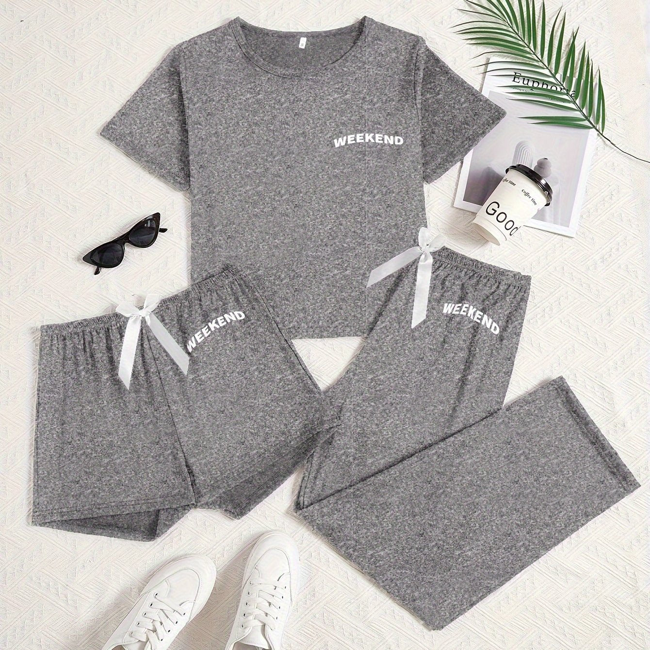 Women's Letter Print Casual Pajama Set Short Sleeve Top Shorts Pants All-Season