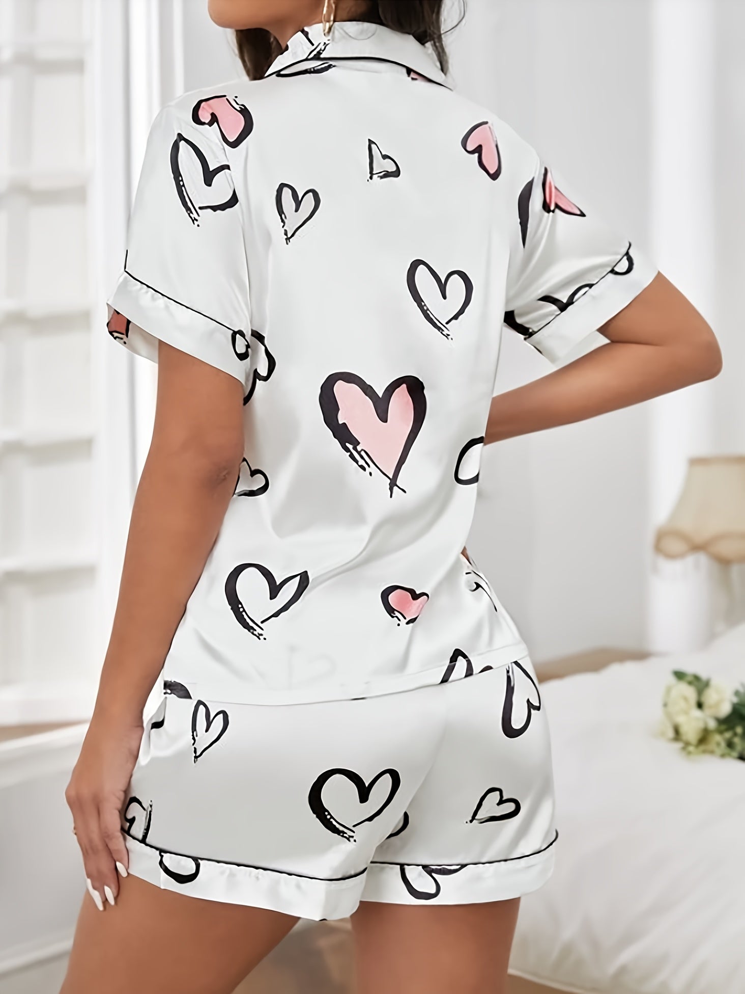 Women's Satin Heart Print Pajama Set Short Sleeve Button-Up Top Elastic Shorts Sleepwear Lounge