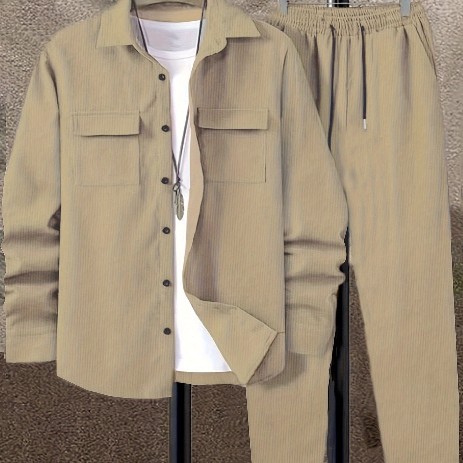 Men's Solid Color Corduroy Suit with Long Sleeve Shirt and Pants